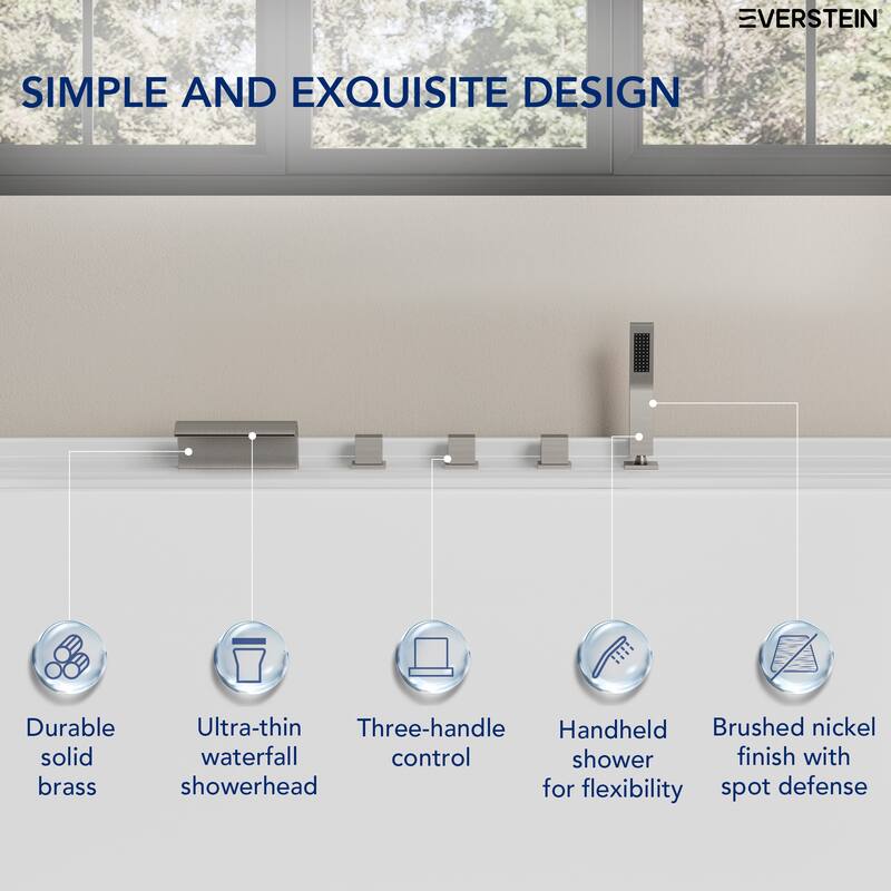 5-Hole 3-Handle Deck-Mount Waterfall Tub Faucet with Hand Shower,Waterfall Spout Bathtub Faucet