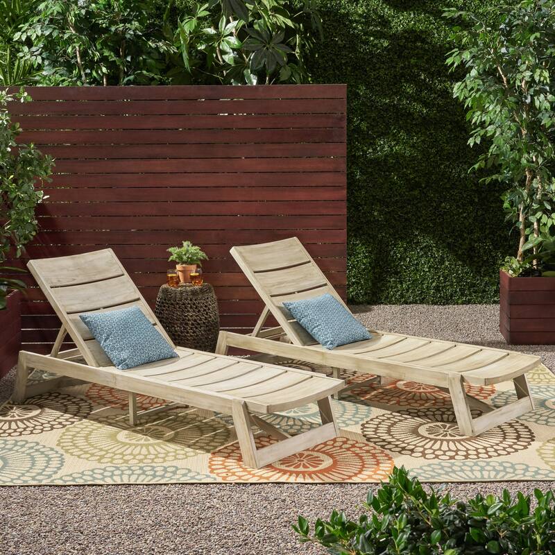 Set of 2 Wood Chaise Lounge with Adjustable Backrest and Curved Slatted for Poolside Patio Garden