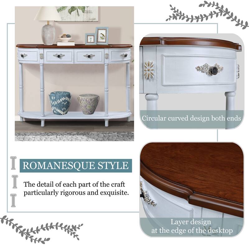 Curved Wood Console Table Sofa Table with Open Shelf and Drawers - Antique White