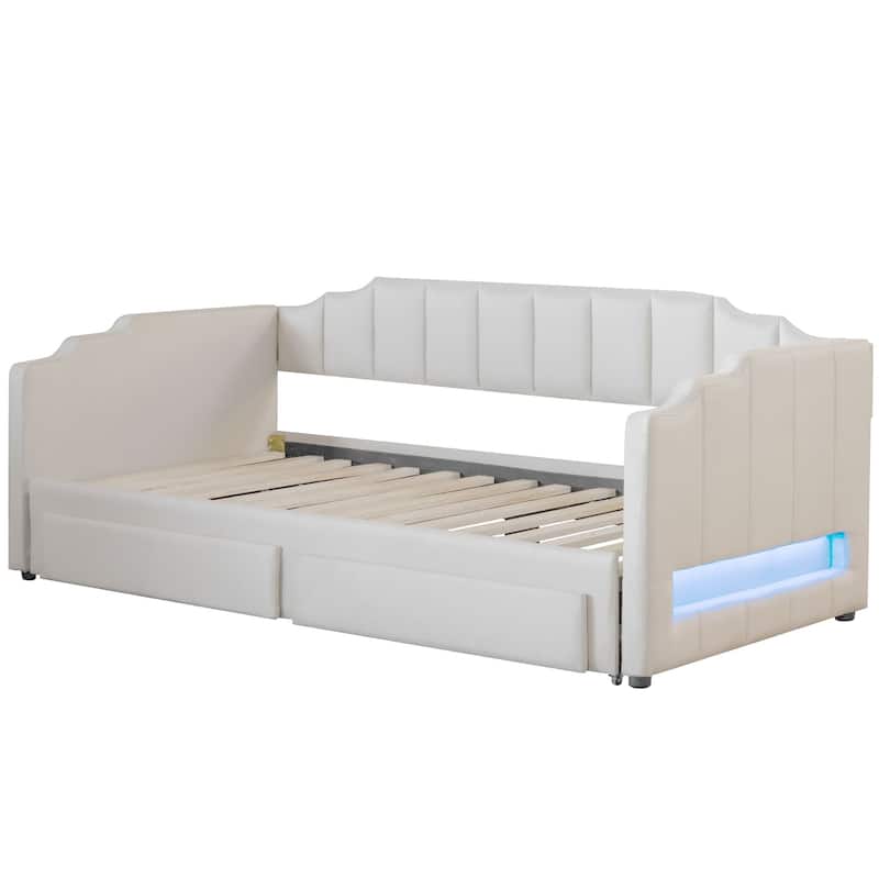 Extendable Twin XL to King Upholstered Daybed with Storage Drawers and LED Light, Beige