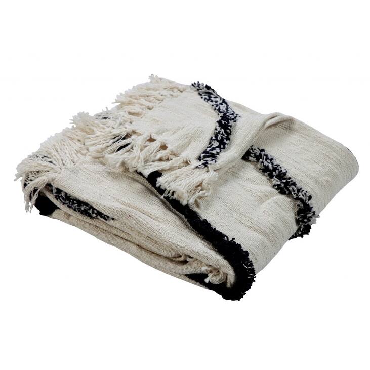 60" X 50" Cream Woven Cotton Geometric Throw Blanket with Fringe