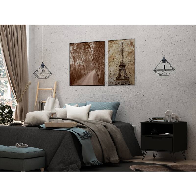 Mid-Century Modern Nightstand with One Drawer and Open Shelf, Metal Wire Legs, Home Assembly