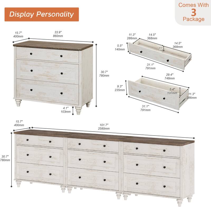 WAMPAT 3 Drawer Dresser ,Wood Storage Dresser for Bedroom