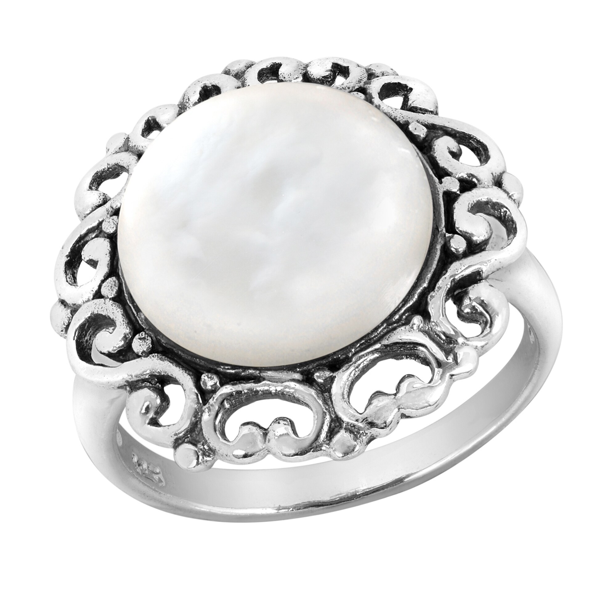 9 Victorian Inspired Circle Cut White Shell Inlay on Sterling Silver Ring