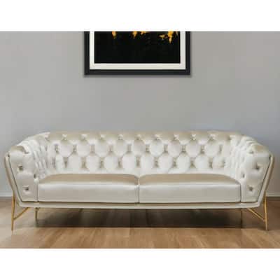 HomeRoots 88" Beige Velvet Sofa With Gold Legs