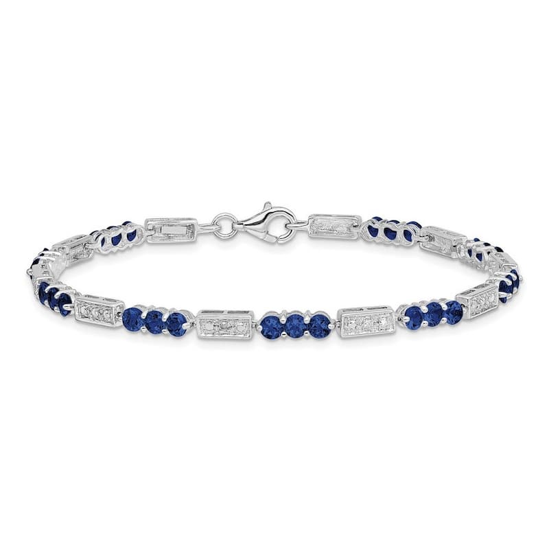 Curata 925 Sterling Silver Polished Open back Fancy Lobster Closure Sapphire and Diamond Bracelet