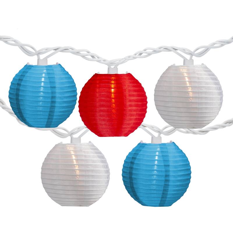 Patriotic Paper Lantern Patio Light Set - Red White and Blue - 8.5' White Wire - 10ct - 132"