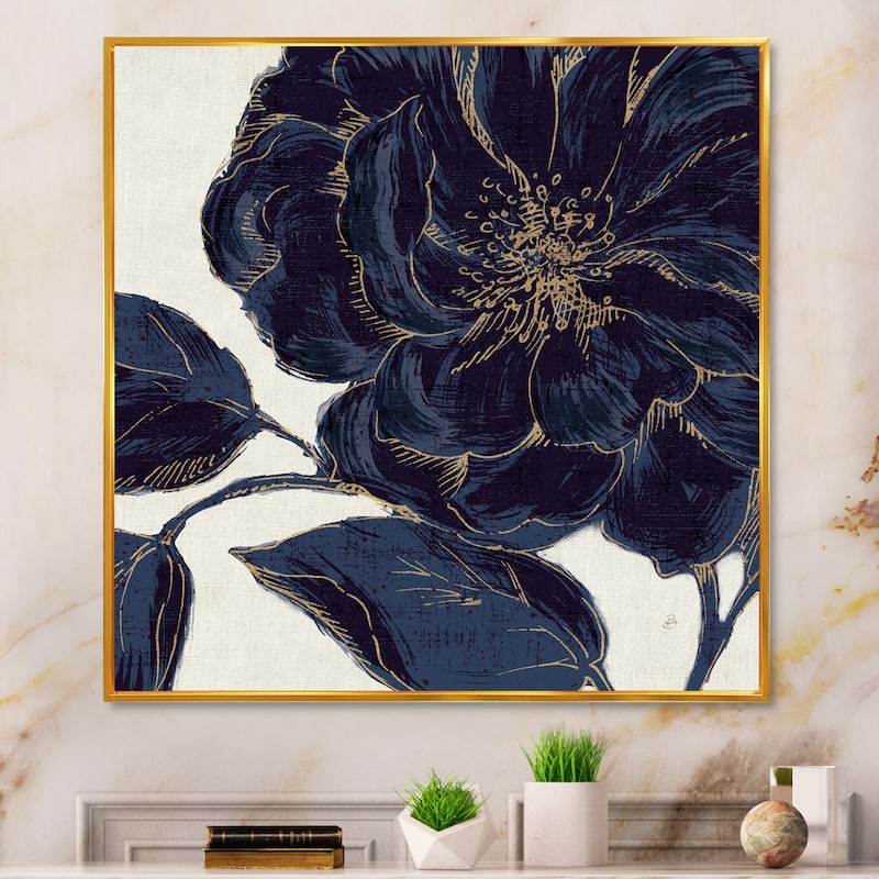 Designart "Dark Rose Gilded Gold" Floral Framed Canvas