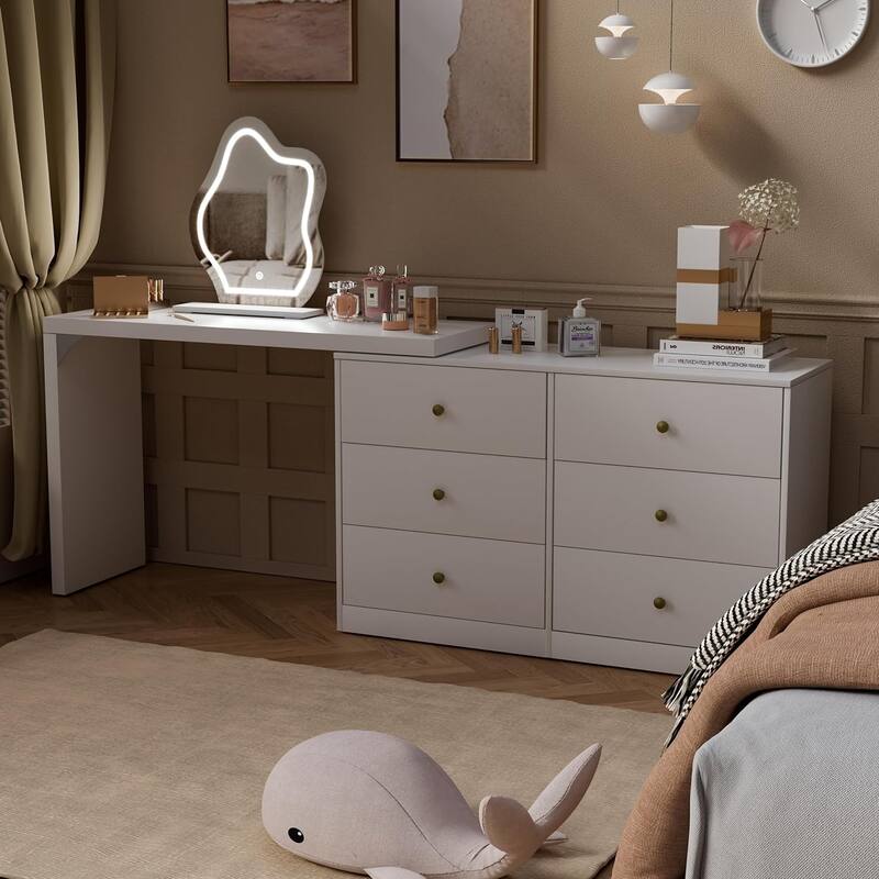 Vanity Desk with Lighted Mirror, Extendable Vanity Table with 6 Drawers