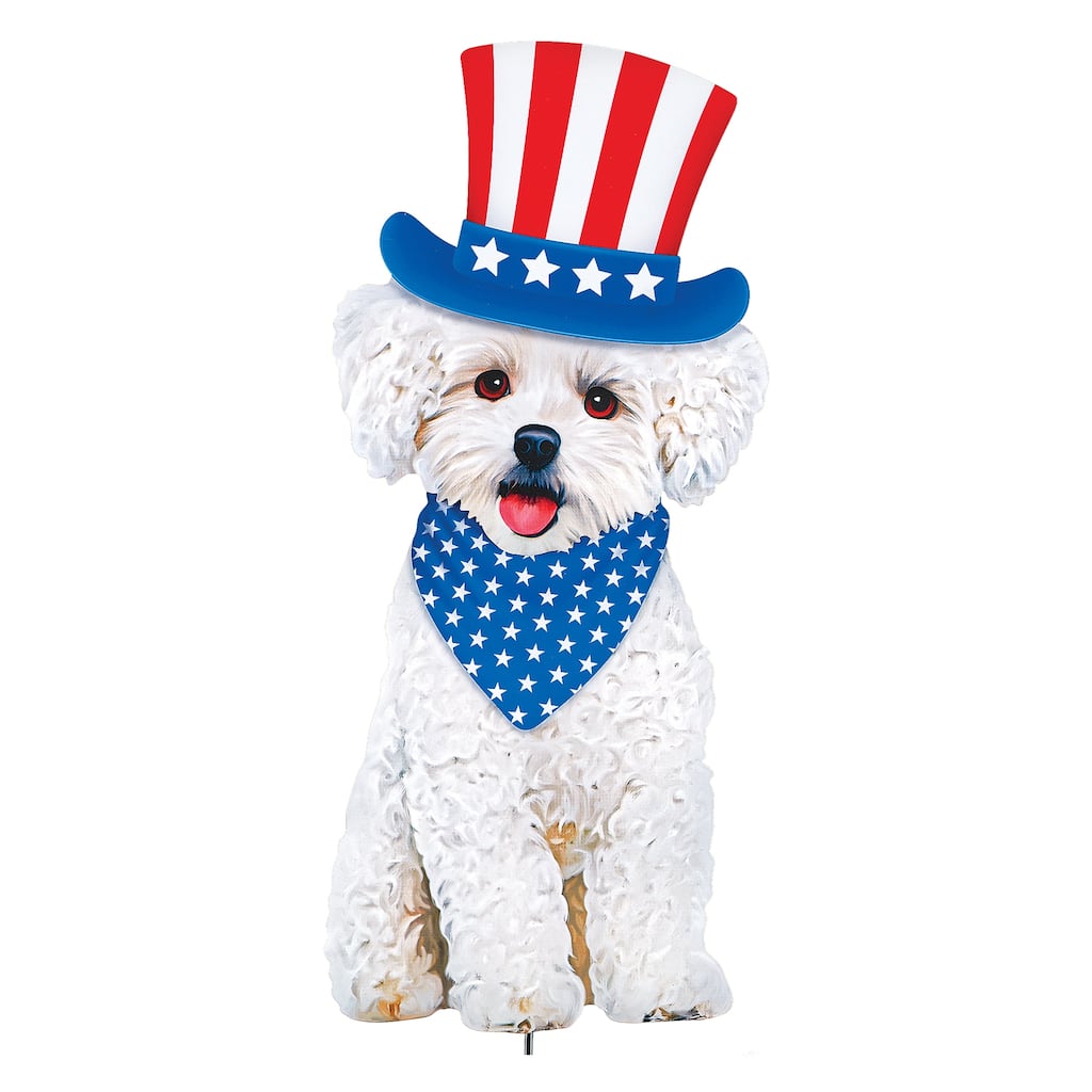 Patriotic Realistic Bichon Frisé Outdoor Garden Stake - 10 x 28 x 0.25