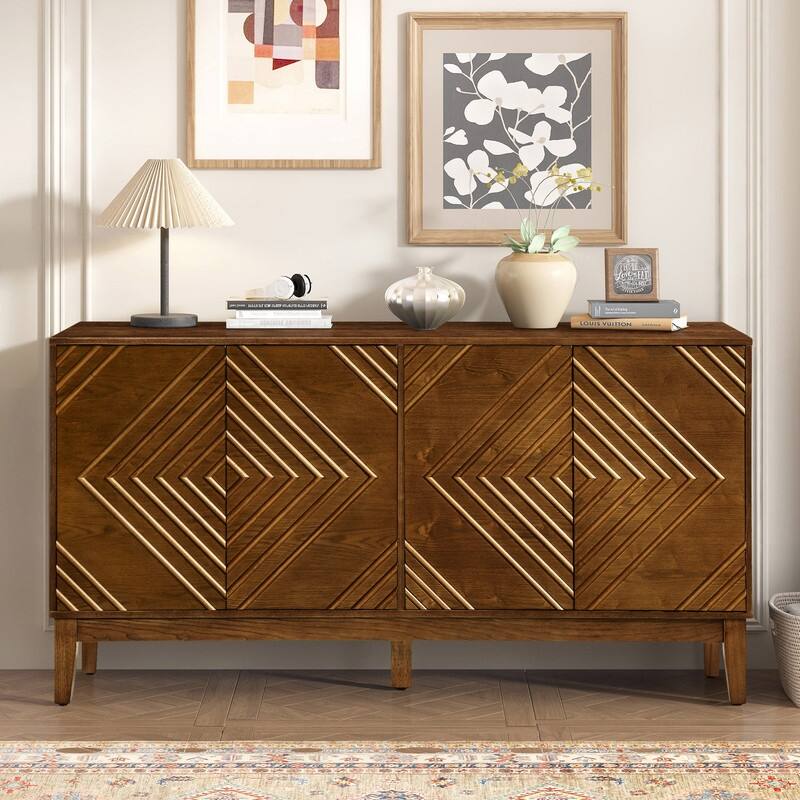 Farmhouse 60.5" Buffet Cabinet with Adjustable Shelves and Geometric Pattern for Stylish Storage Solutions