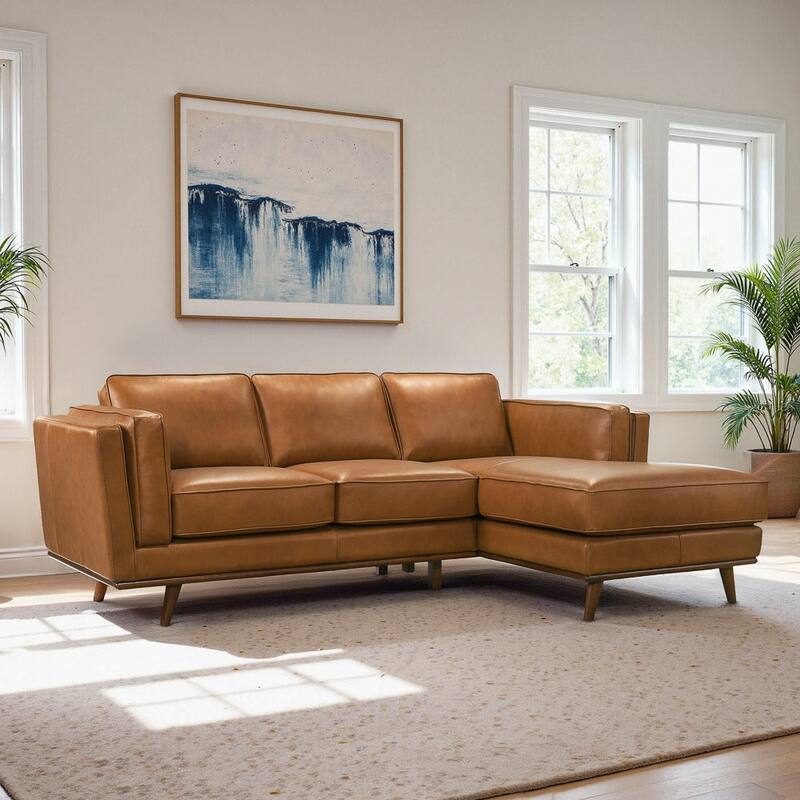 GDFStudio - Chase Genuine Leather 3-Seater 90.9" Right-Facing Sectional Sofa