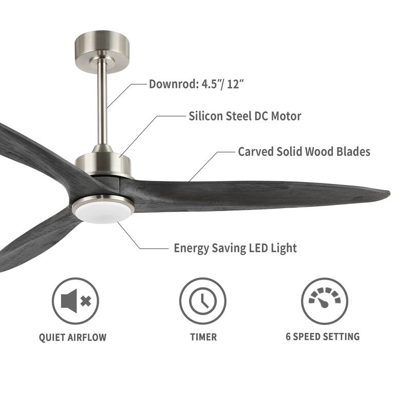 60" Solid Wood 3-Blade LED Ceiling Fan with Light Kit and Remote Control