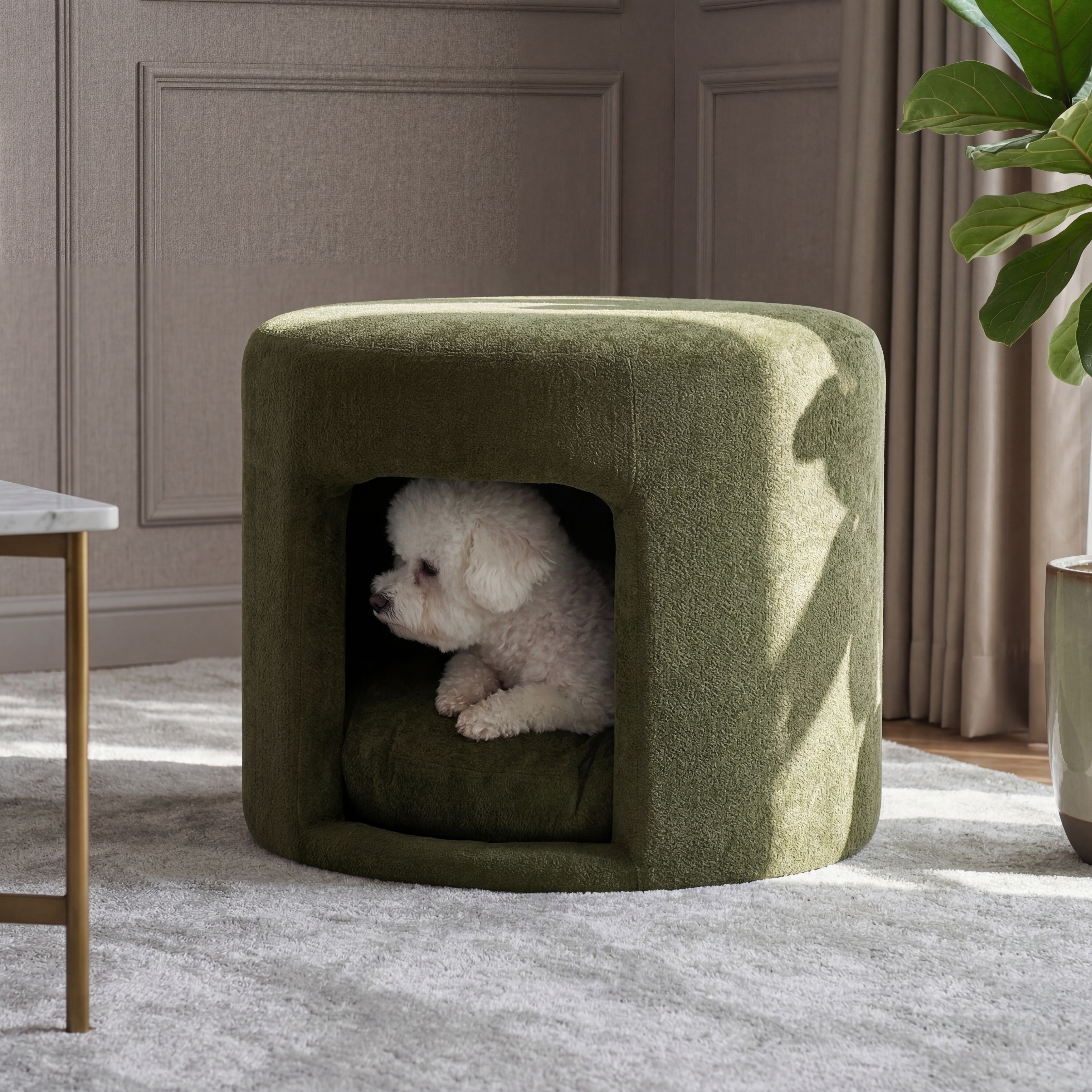 Christopher Knight Home - Modern 2-in-1 Upholstered Pet Ottoman with Hidden Pet Nook, Acacia Wood Legs & Removable Cushion