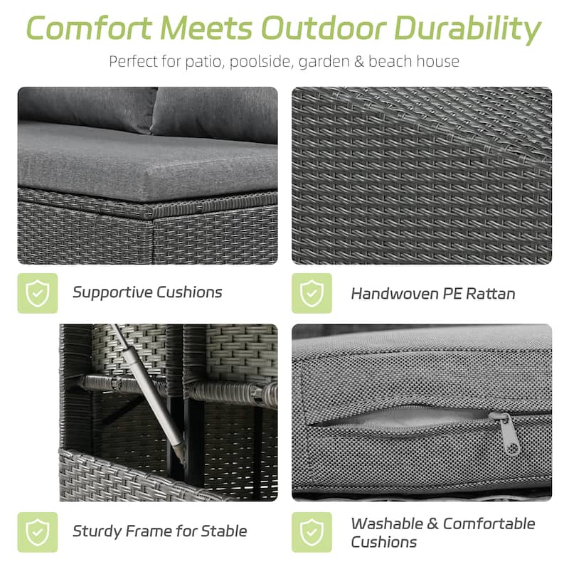 Roomfitters 5-Piece Outdoor Rattan Sofa Set, Patio Sectional Furniture with Dining Table, Storage Bench, Side Trays