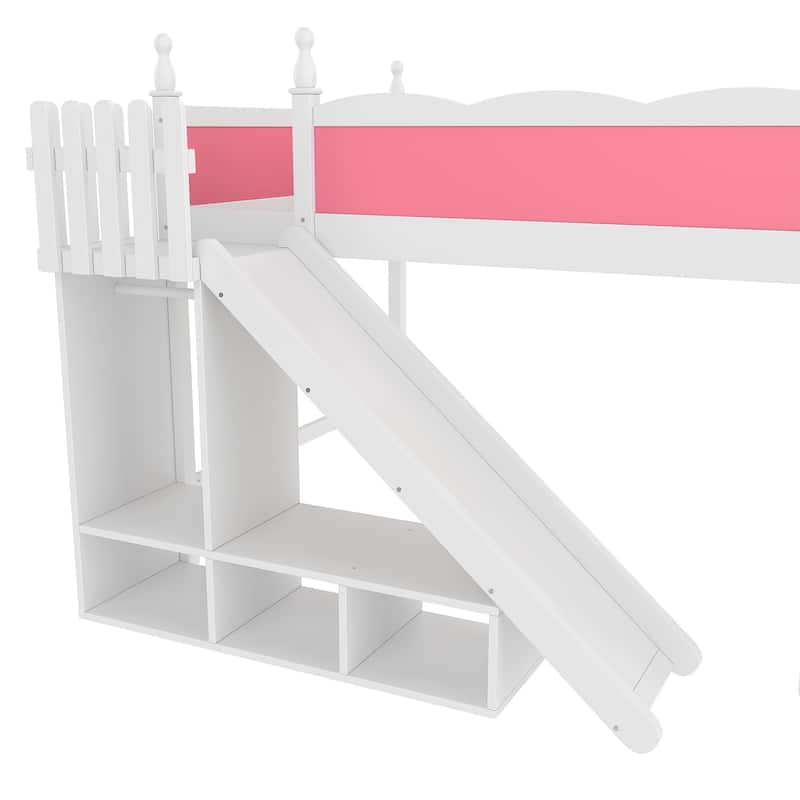 Queen Loft Bed with Storage Shelves and Wardrobe, Solid Wood Loft Beds with Detachable Slide and Ladders, No Spring Box Needed