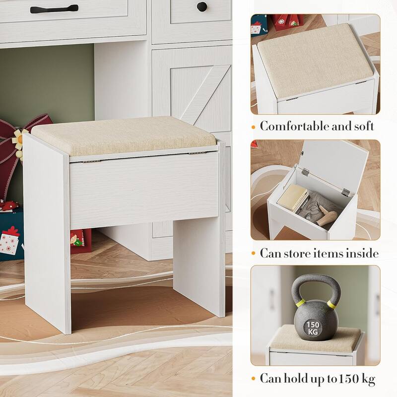 43.3'' Wide Makeup Vanity Dressing Table with Adjustable Lighted Mirror and Stool, Power Outlet