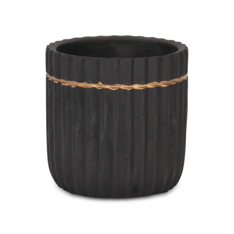 Aurine Round Gold Trimmed Ridged Ceramic Pot - Black - Large