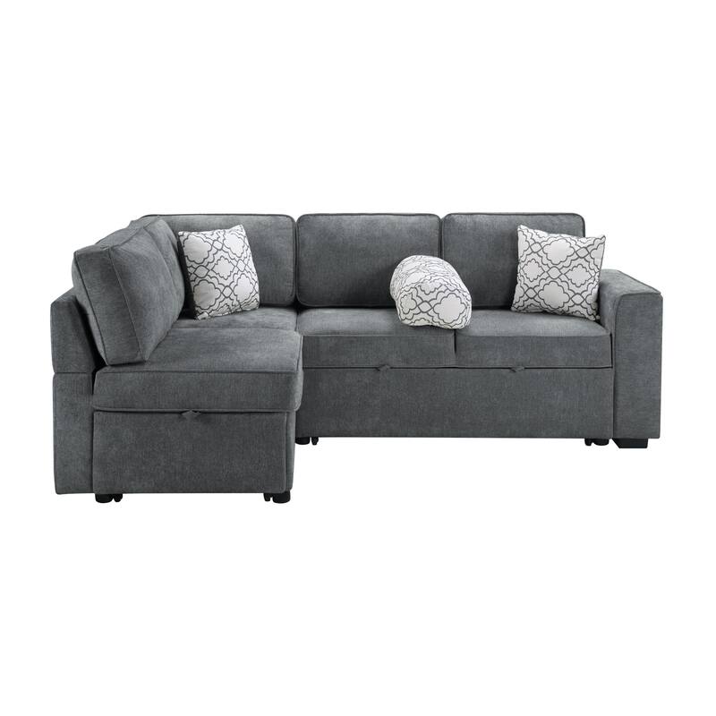Convertible Sectional Sofa Bed with Flip-Top Table, USB Ports & Cup Holder, Chenille L-Shaped Sofa with Dual Pull-Out Sleepers