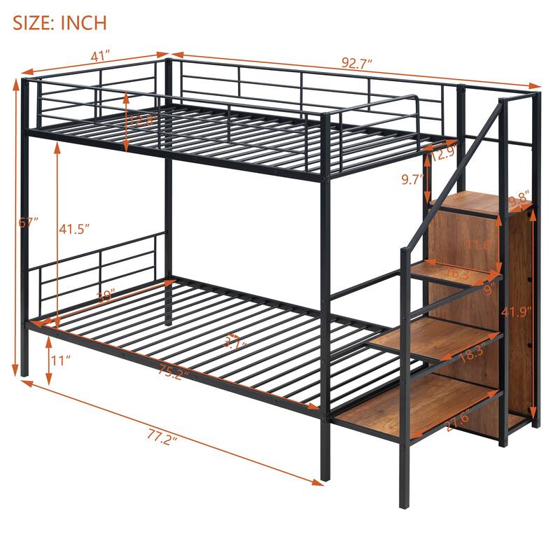 Twin Over Twin Metal Bunk Bed with Storage Ladder and Wardrobe, Space-Saving Design
