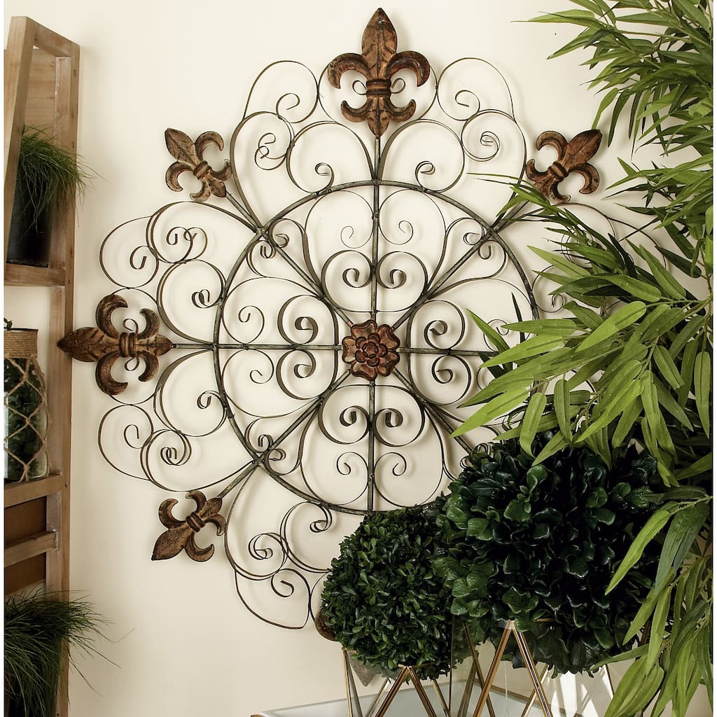 Brown Metal Medallion Fleur De Lis Home Wall Decor with Detailed Scrollwork