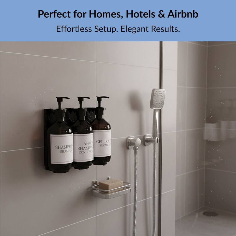 Set of 3 Black Wall-Mounted Shower Dispensers 17 fl oz (500ml) - 9.25 L x 3.75 W x 8 H