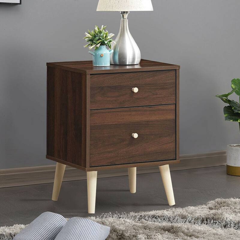 2-Drawer Bedside Table with Rubber Wood Legs and Waterproof Veneer Top - 18" x 16" x 24.5"