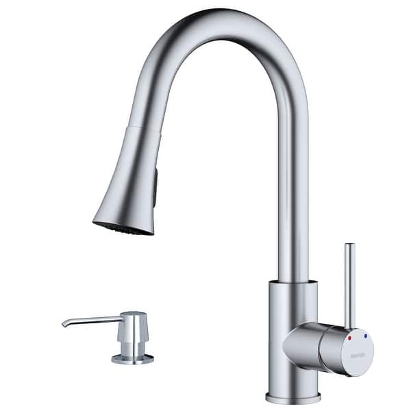 slide 2 of 20, Karran Weybridge Single-Handle Pull-Down Sprayer Kitchen Faucet with Matching Soap Dispenser Stainless Steel