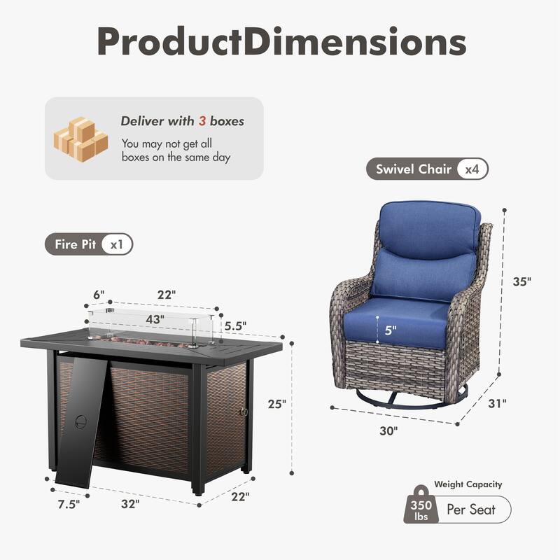 Meyreso 5-Piece Outdoor Patio Wicker Fire Pit 4 person Conversation Set with 5-Inch Thick Cushions