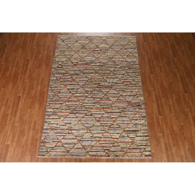 Hand Knotted Oriental 100% Wool Carpet Modern Stripe Multi-Colored Moroccan Area Rug - 9' 9'' X 6' 7''