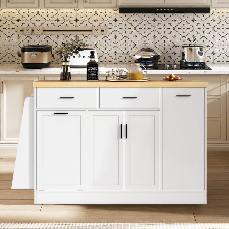 Multi-Functional Storage Sideboard Kitchen Island with Hidden Trash Can and Adjustable Spice Rack - White