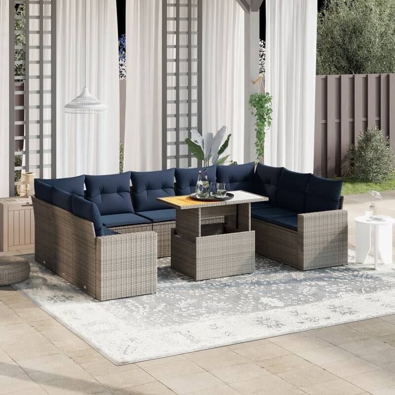 vidaXL Patio Sofa Set with Cushions Outdoor Furniture 10 Piece Poly Rattan - 24.4 x 24.4 x 27.2 - Grey and Navy Blue