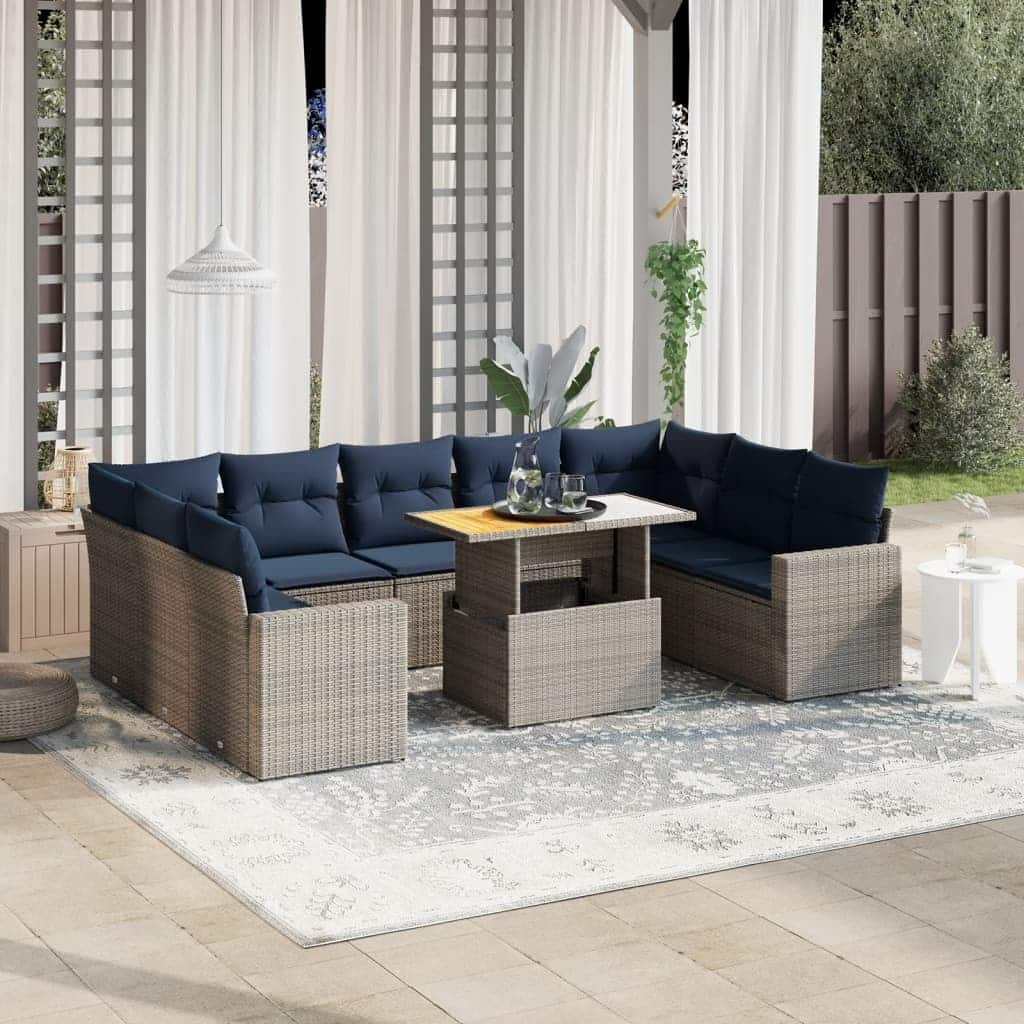 vidaXL Patio Sofa Set with Cushions Outdoor Furniture 10 Piece Poly Rattan - 24.4 x 24.4 x 27.2