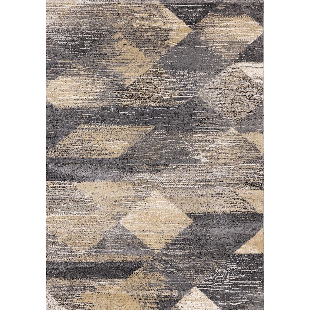 Grey Beige White Distressed Diamond Pattern Living Room Rug