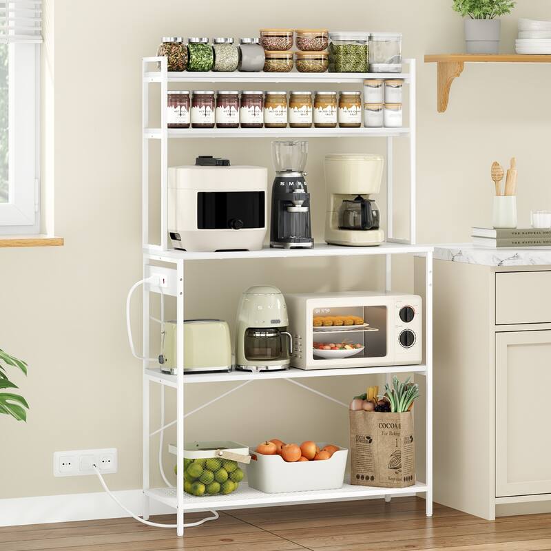 Large 5-Tier Bakers Rack with Electrical Outlets, 39 Inch Microwave Stand & Coffee Bar, Kitchen Storage Shelf for Home - White