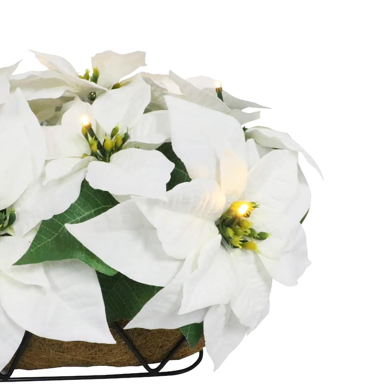 Puleo International 24" Pre-Lit Battery-Operated Artificial White Poinsettia Window Box Décor