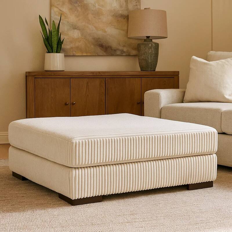 Lindy Accent Ottoman, Square 51 Inch Modern Style, Ivory Polyester