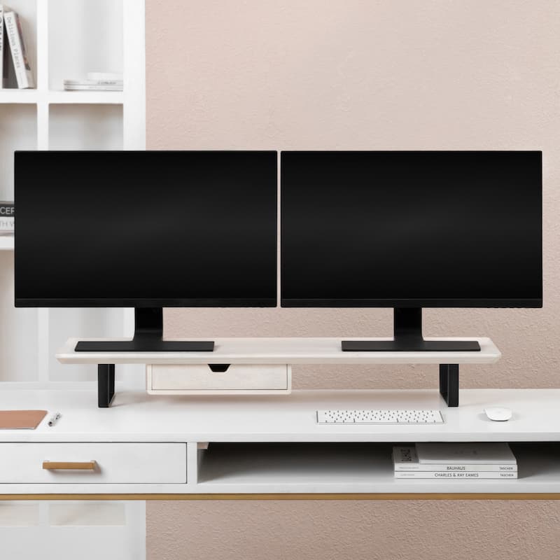Jani Wood Monitor Stand Riser Desk - Ergonomic Design Stand, Desktop Organizer Table for Home, Office Workspace, Gaming Desk - Off-White