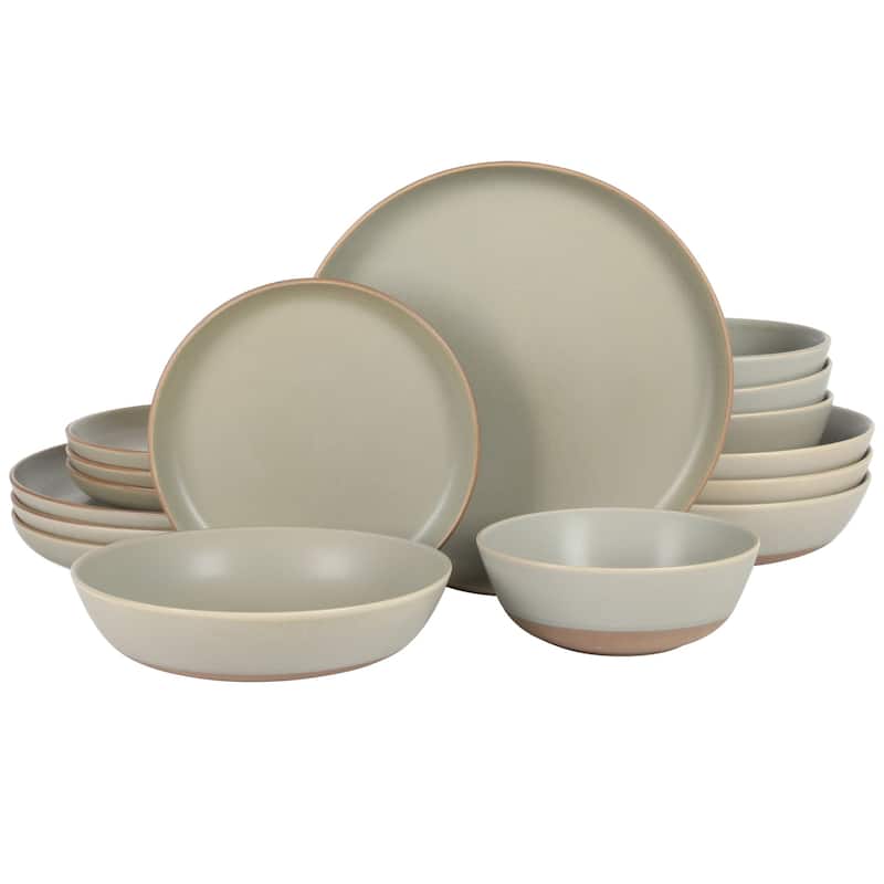 Gibson Elite Laguna Bliss 16 Piece Stoneware Reactive Glaze (Service for 4) Ceramic Plates and Bowls Dinnerware Set - Matte Green/Terracotta Bottom