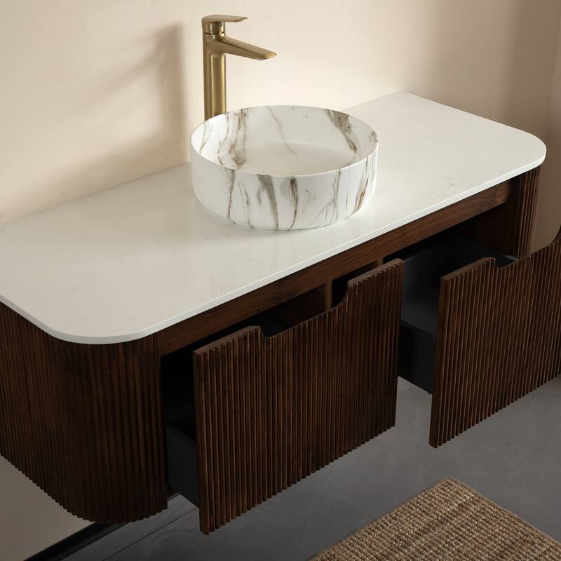 GDFStudio - Dina Modern 48" Floating Bathroom Vanity with Striped Curved Drawers & White Round Ceramic Basin, WITHOUT Faucet