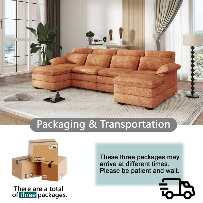 U-Shaped 111.8" Cloud Combo Sofa 4-Seater Chenille Fabric Sofa with Arms