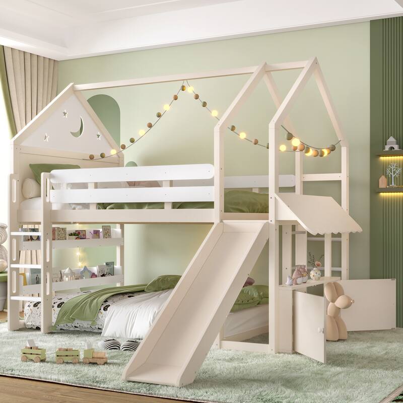 Full Size Loft Bed with Bookshelf, Playful Design for Kids, House-Shaped Structure with Slide High-Quality Safety Rails - Beige