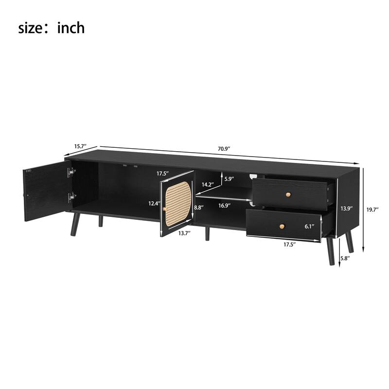 70" Mid-Century Modern TV Stand – Supports TVs Up to 80 Inches, Features Rattan Doors, 2 Drawers & Open Shelf for Living Rooms‌