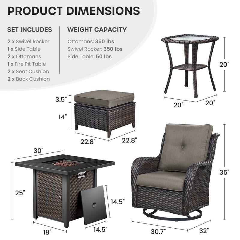Gymojoy 6-Piece Fire Pit Set with Swivel Chairs, Ottomans & Side Table for Patio, Backyard, Deck
