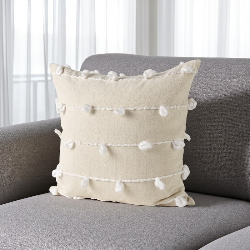 HomeRoots 20" Cream And White Striped Canvas Throw Pillow Cover with Embroidery And Pompoms