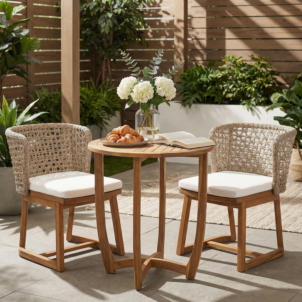Christopher Knight Home - Solterra Outdoor Acacia Wood 3-Piece Conversation Set with Wicker Chairs and Cushions