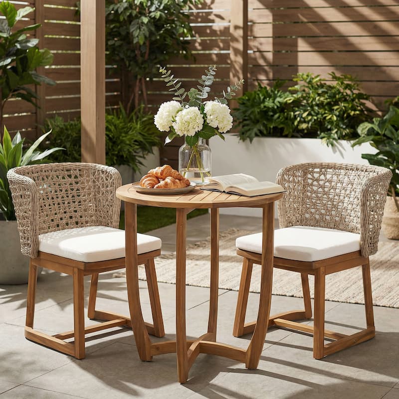 Christopher Knight Home - Solterra Outdoor Acacia Wood 3-Piece Conversation Set with Wicker Chairs and Cushions - Beige Cushion+Multi Light Brown Wicker