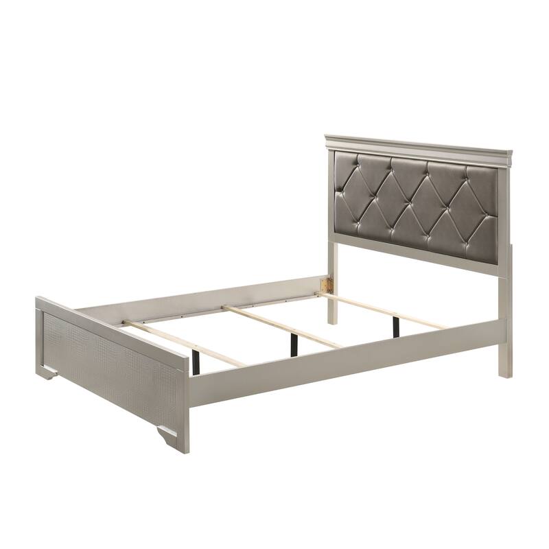 Full Size Beige Upholstered Panel Bed with Tufted Headboard and Wooden Frame