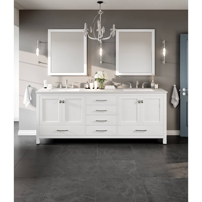Eviva Aberdeen 84"W x 22"D Double Sink Bathroom Vanity with White Carrara Quartz Countertop and Undermount Porcelain Sinks