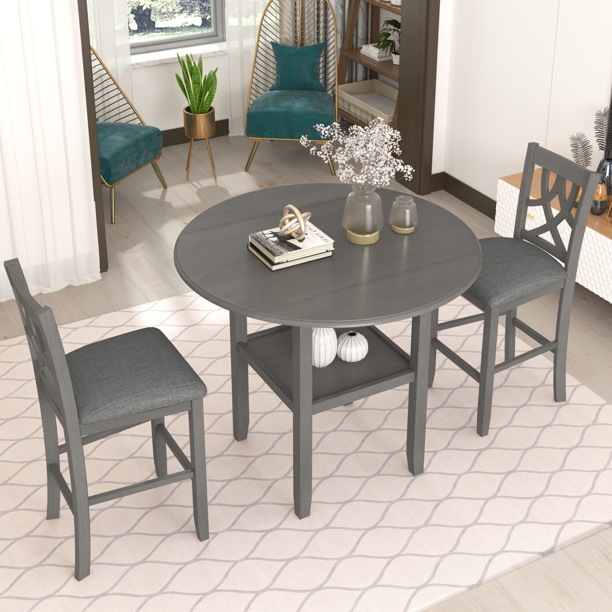 Round Piece Counter Height Dining Set w/Drop Leaf Table Chairs